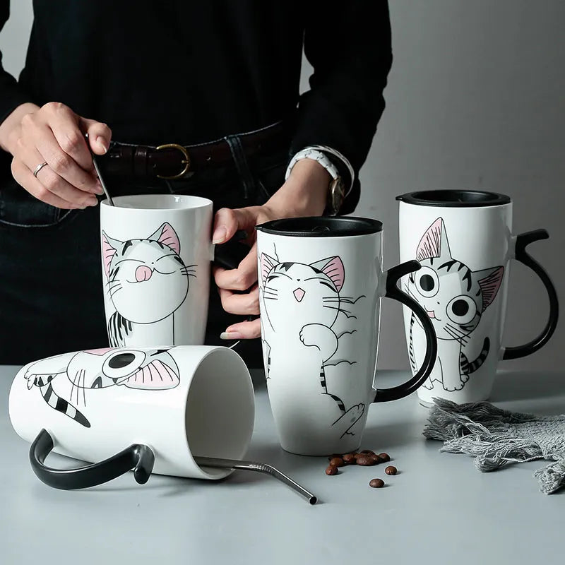 Cute Cat Ceramic Mug with Lid