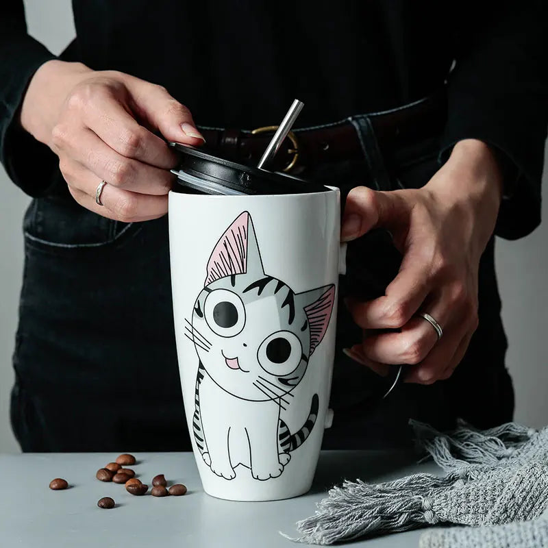 Cute Cat Ceramic Mug with Lid