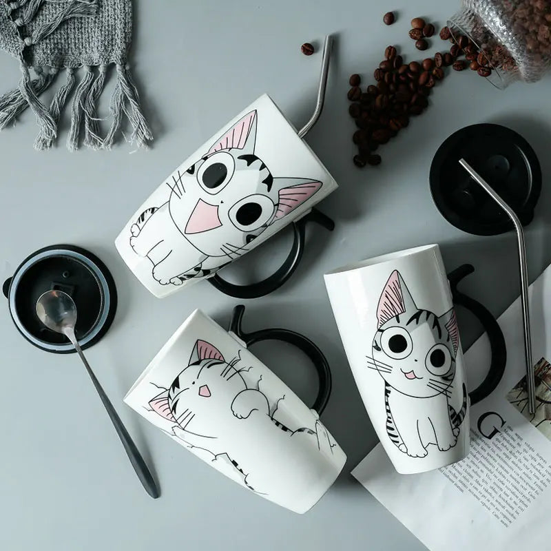 Cute Cat Ceramic Mug with Lid